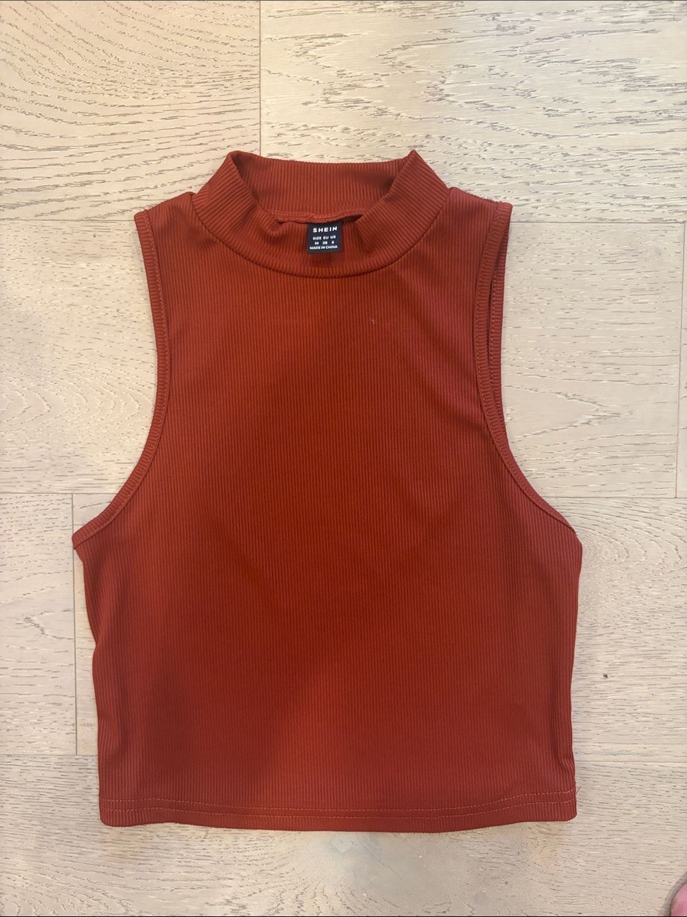 SHEIN Rust Red Ribbed Mock Neck Cropped Tank